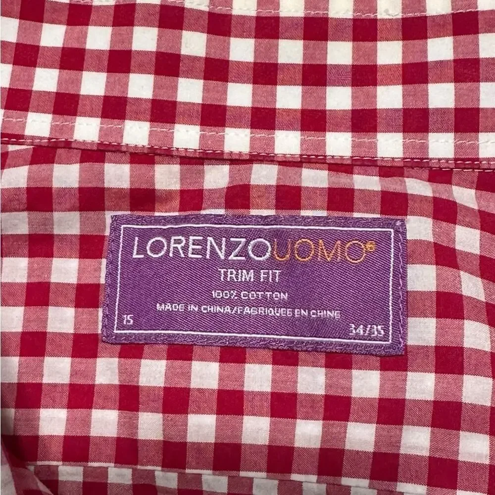Lorenzo Uomo Trim Fit Red Plaid Button Down Men's Shirt size 15